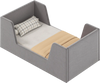 Gray soft velvet toddler bed frame with safety rails, featuring sturdy wooden slats and central support for stability.