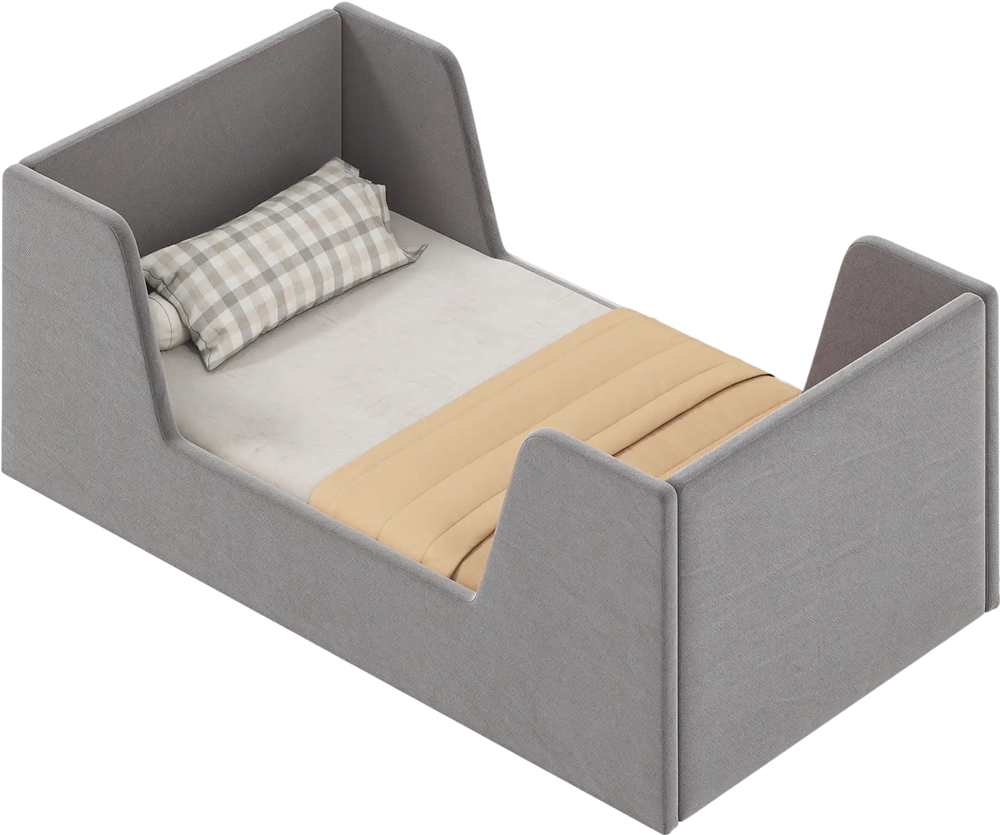 Gray soft velvet toddler bed frame with safety rails, featuring sturdy wooden slats and central support for stability.
