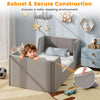 Toddler bed frame in gray soft velvet with safety rails, sturdy wooden slats, ideal for a secure sleeping environment.