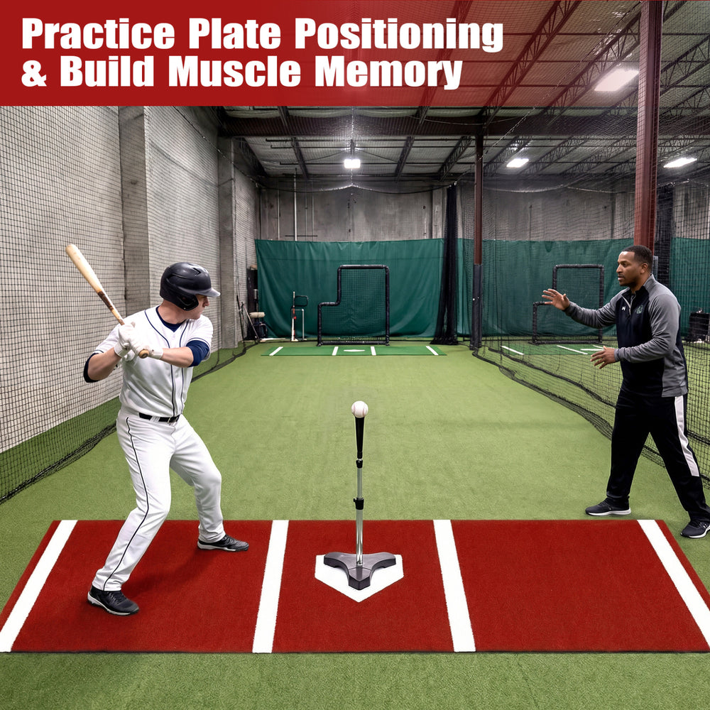 Softball pitching mat with integrated pitching plate, high-density PE turf, ideal for indoor training and practice.