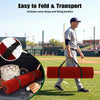 Red softball pitching mat with carry straps, featuring high-density turf and non-slip backing for easy transport and.
