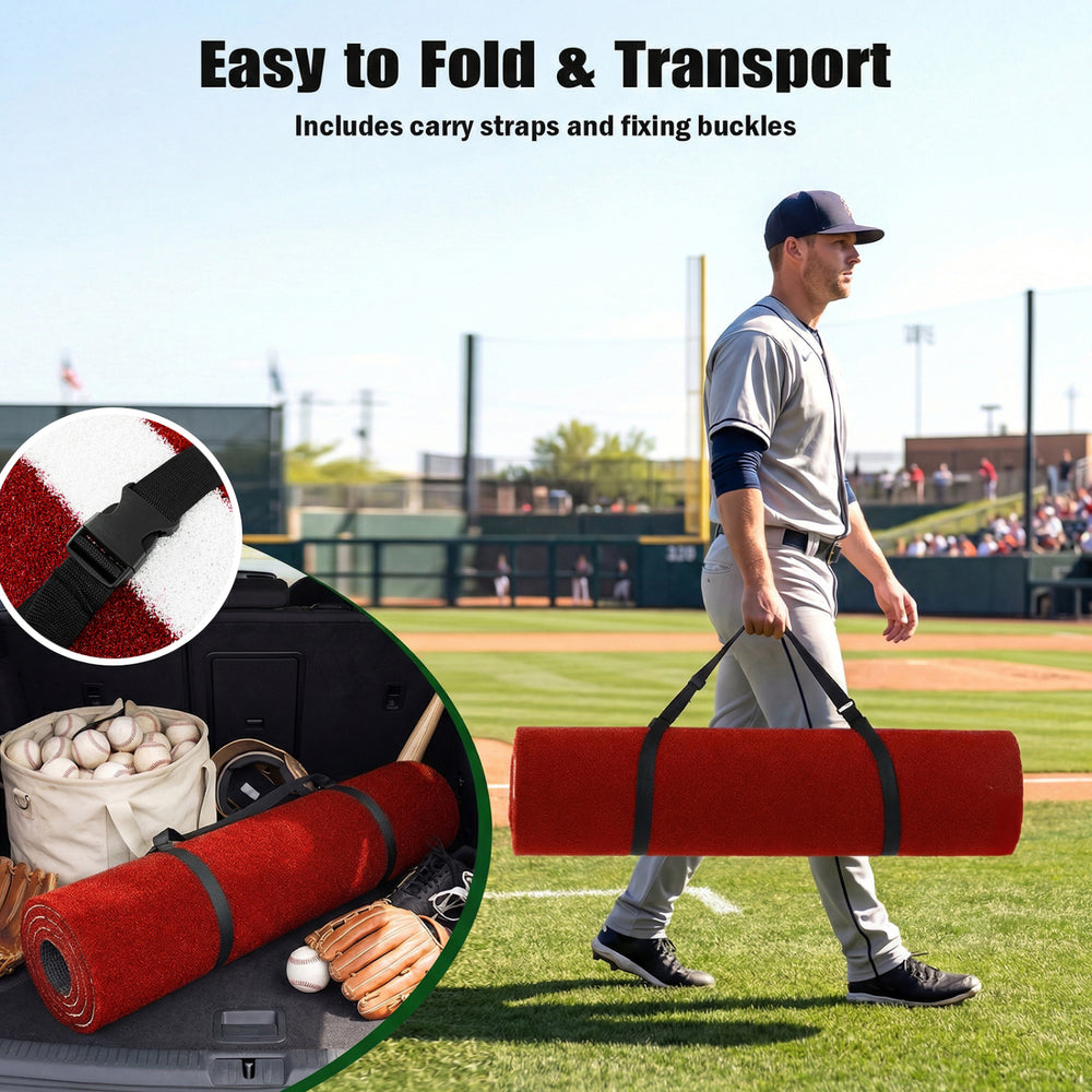 Red softball pitching mat with carry straps, featuring high-density turf and non-slip backing for easy transport and.