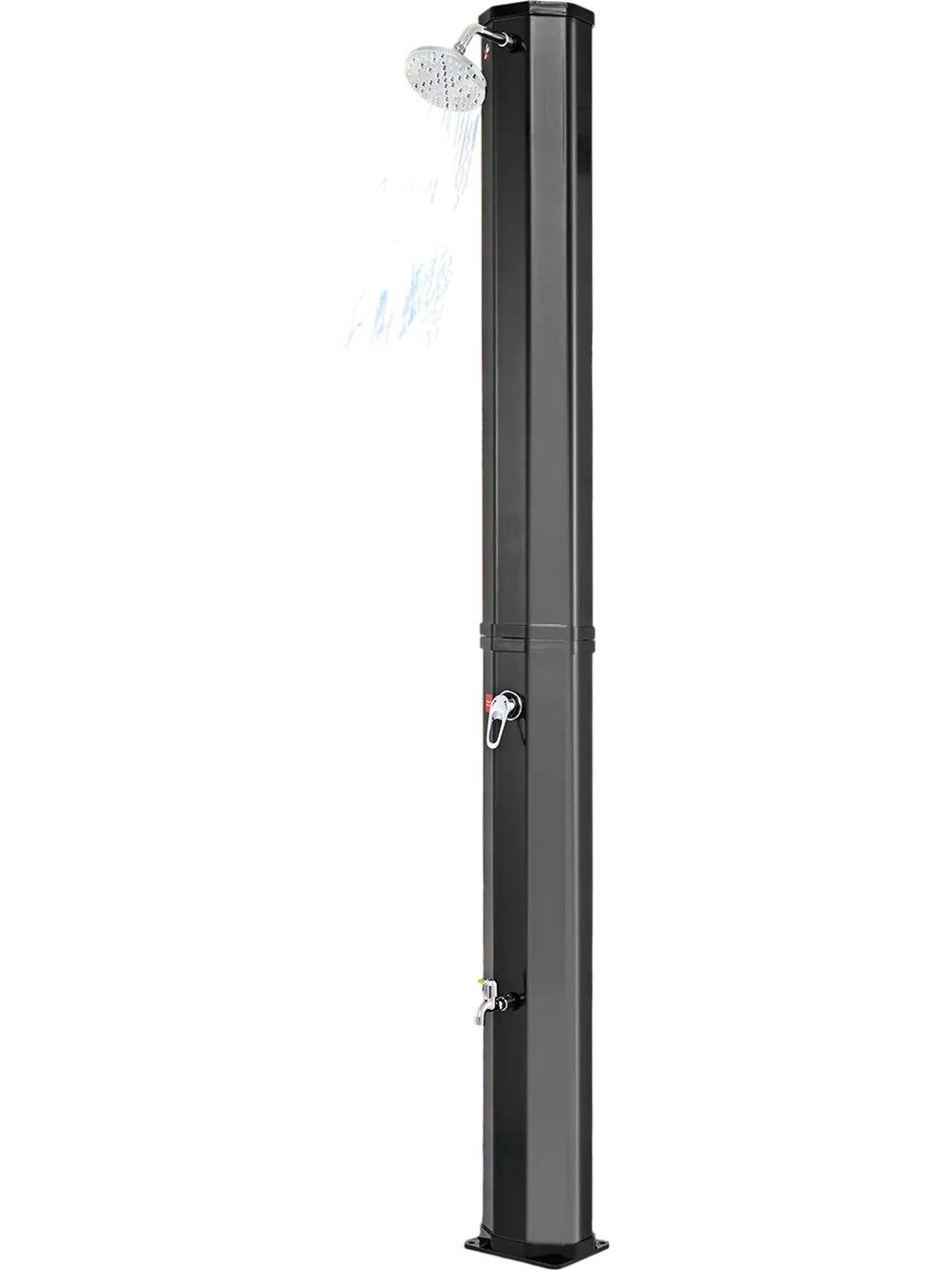 Black solar heated outdoor shower with 360° swivel head, perfect for poolside use and durable PVC construction.