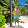 Solar heated outdoor shower with 360° swivel head, black PVC construction, ideal for poolside use.