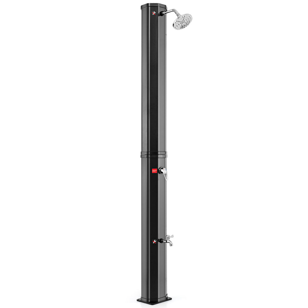 Solar heated outdoor shower in black, 7.5 feet tall with 360° swivel shower head and foot shower for easy washing.
