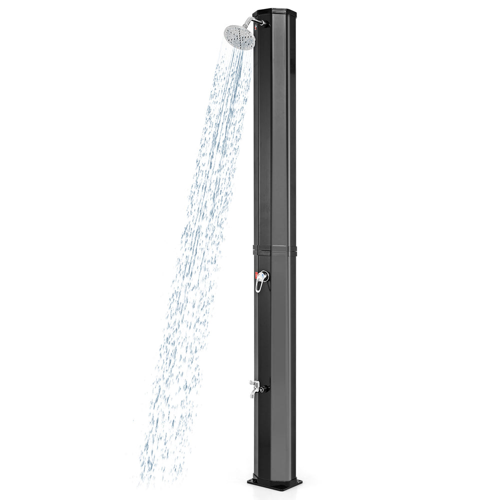 Solar heated outdoor shower with 360° swivel shower head, 15.9-gallon capacity, ideal for poolside use.