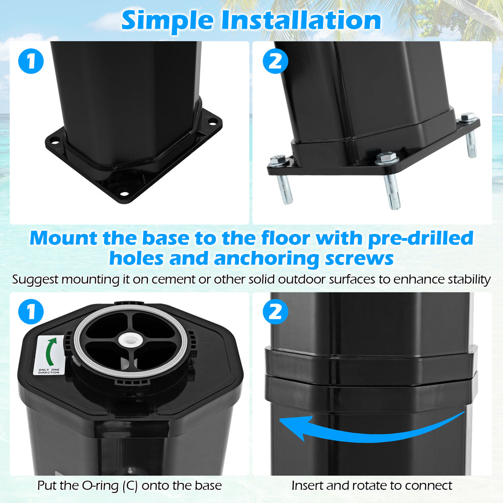 Installation guide for the 7.5 feet solar heated outdoor shower base, featuring pre-drilled holes for stability.