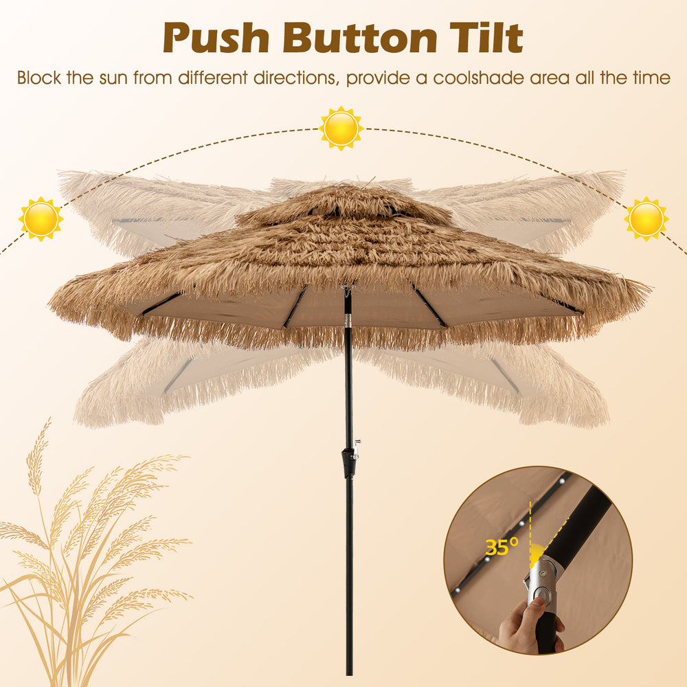 Hawaiian style 10-foot thatched patio umbrella with push button tilt, solar lights, and durable PE fabric for outdoor.