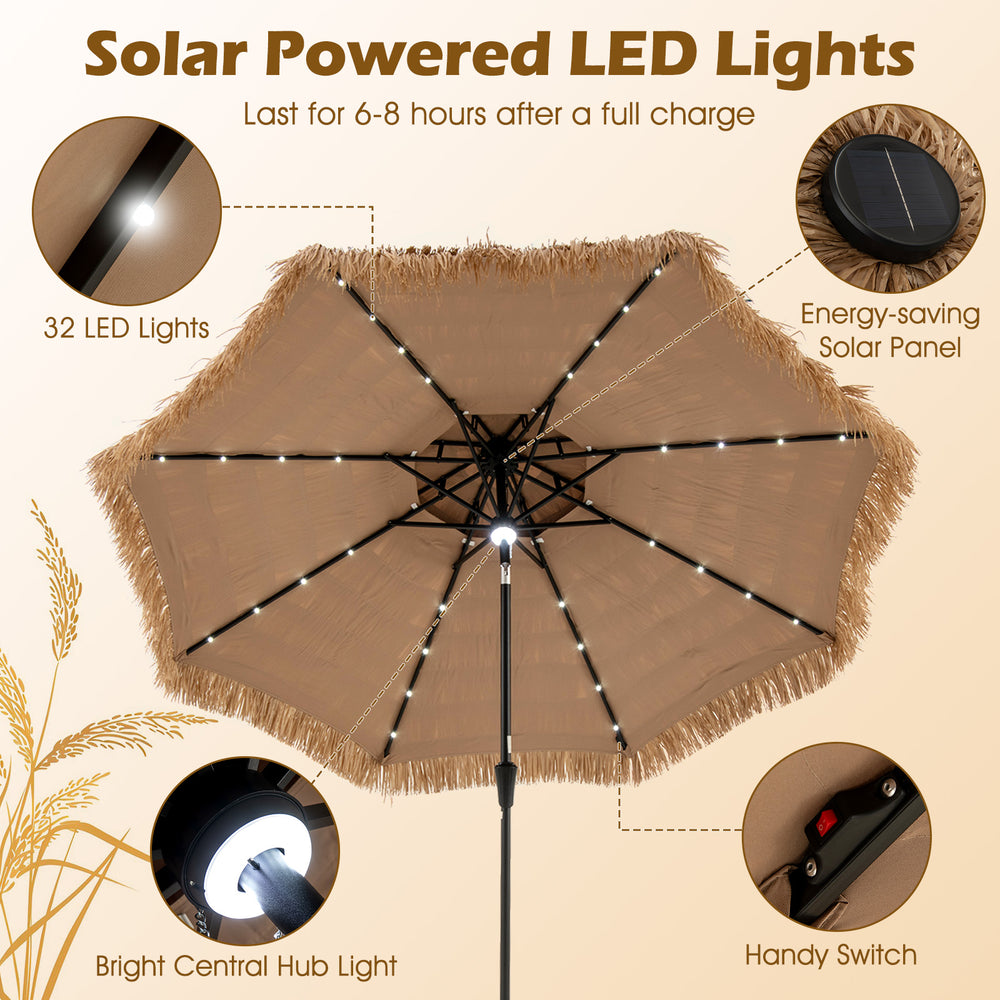 Hawaiian style 10 feet thatched patio umbrella with 32 solar LED lights, adjustable angle, and manual crank for easy.
