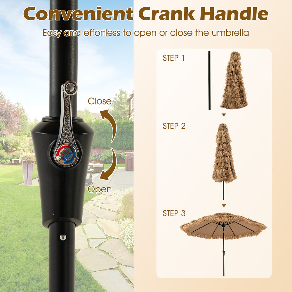 Hawaiian style thatched patio umbrella with a convenient crank handle for easy opening and closing, ideal for outdoor.