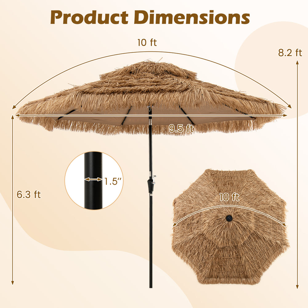 Dimensions of the 10 Feet Hawaiian Style Solar Lighted Thatched Tiki Patio Umbrella with a 9.5 ft height and 10 ft.
