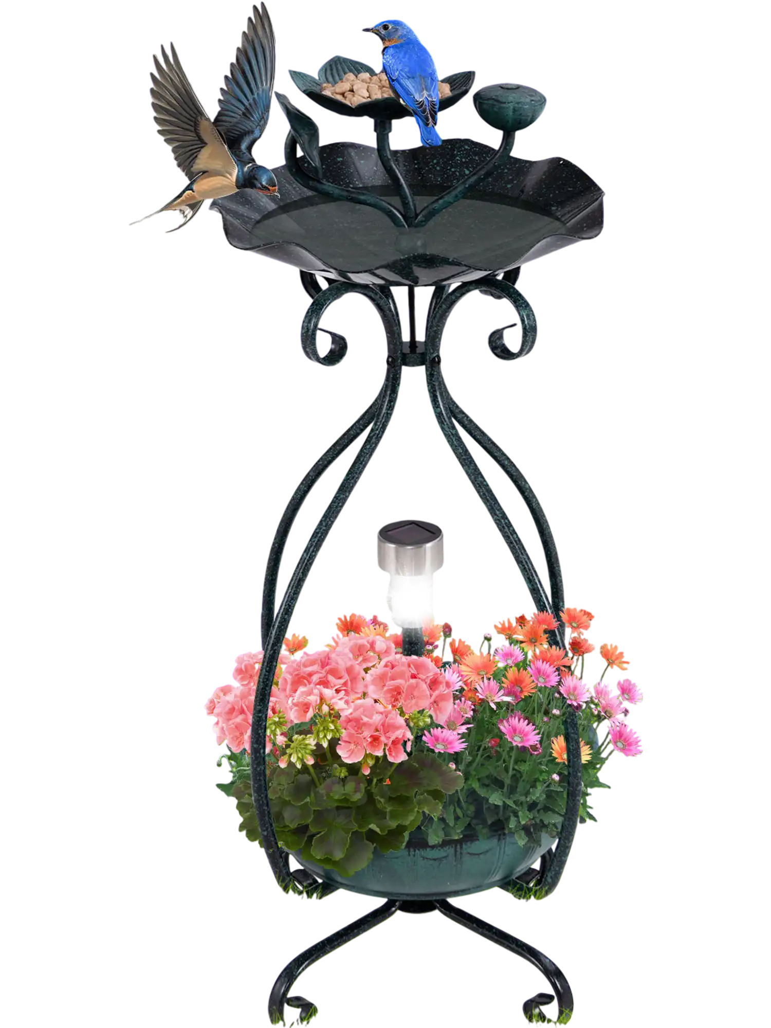 Costway Solar Outdoor Bird Bath Feeder Combo Flower Planter Pedestal Lights Bronze 36158427 New