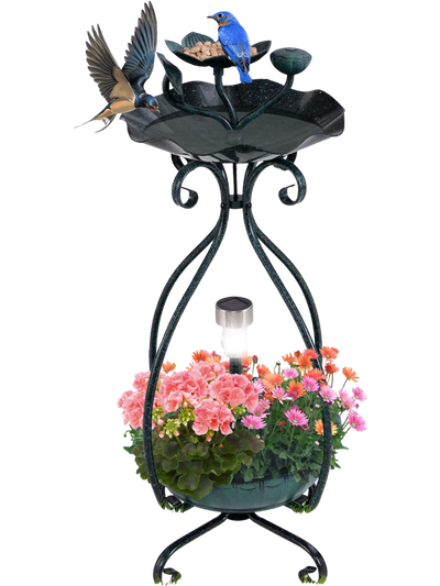 Costway Solar Outdoor Bird Bath Feeder Combo Flower Planter Pedestal Lights Bronze 36158427 New