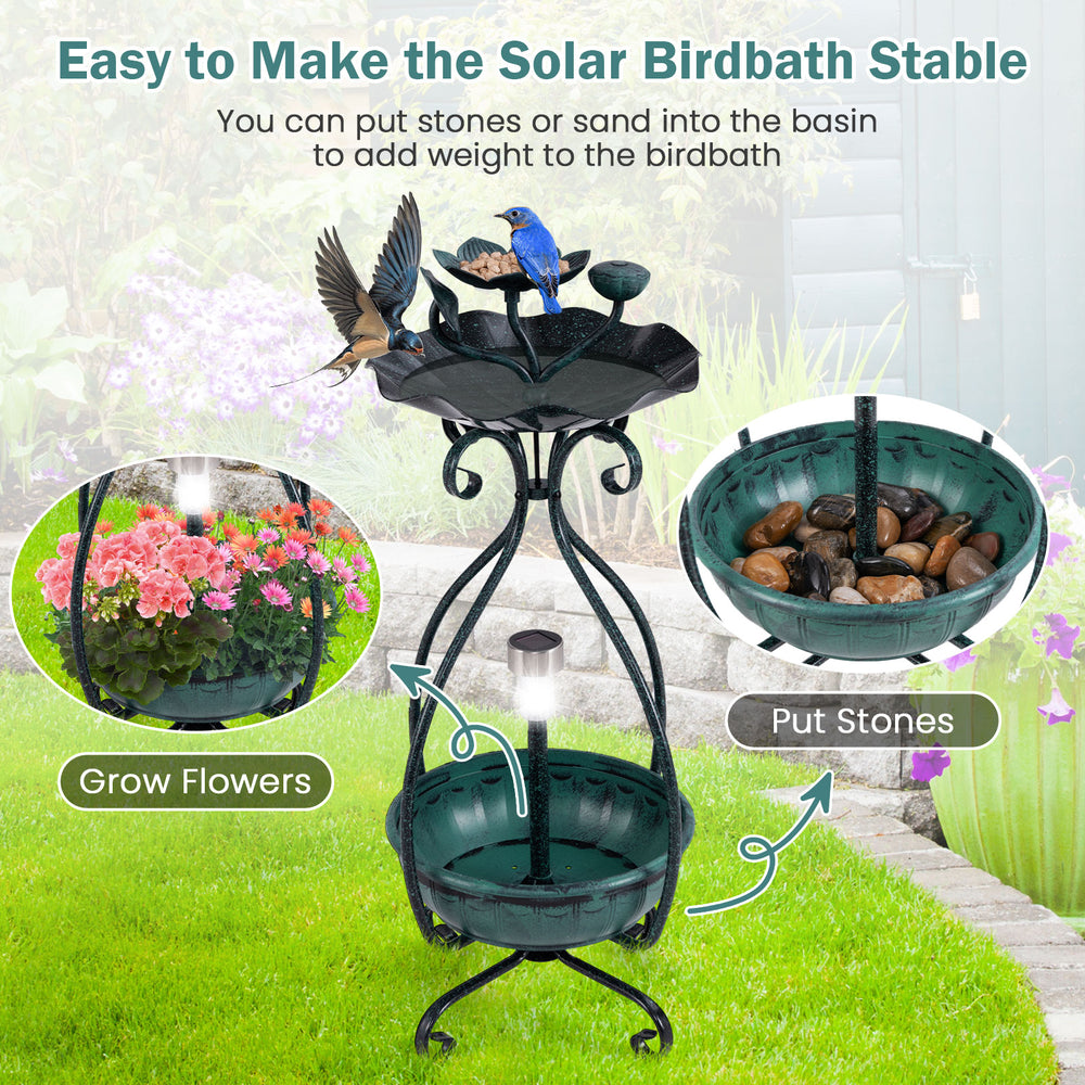 Solar outdoor bird bath feeder combo with flower planter, showcasing the elegant flower-shaped top and drainage holes.
