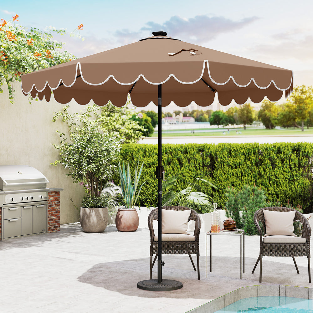 Solar patio umbrella with ruffled edges and 24 LED lights, providing shade and ambiance for outdoor relaxation.
