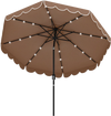Solar patio umbrella with ruffled edges, 24 LED lights, and vented top for enhanced shade and ambiance.