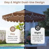 9.3 feet solar patio umbrella with ruffled edges and 24 LED lights, providing shade by day and illumination by night.
