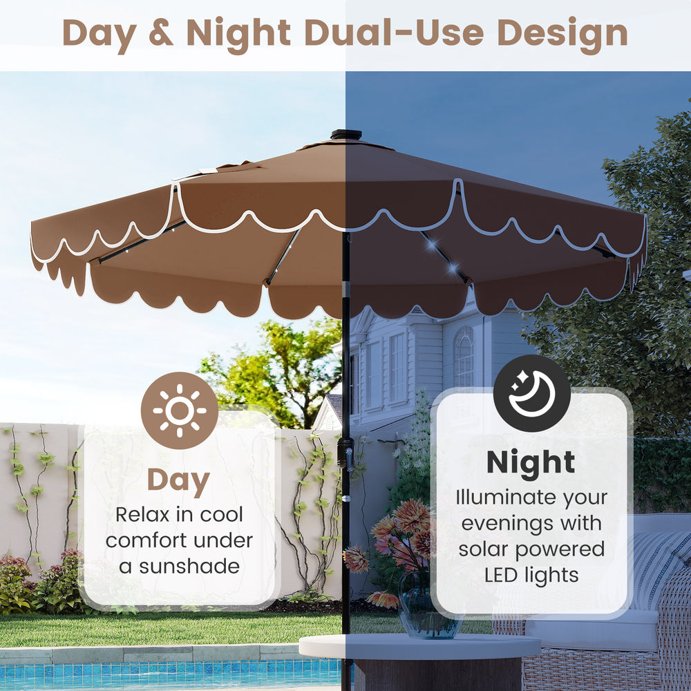 9.3 feet solar patio umbrella with ruffled edges and 24 LED lights, providing shade by day and illumination by night.