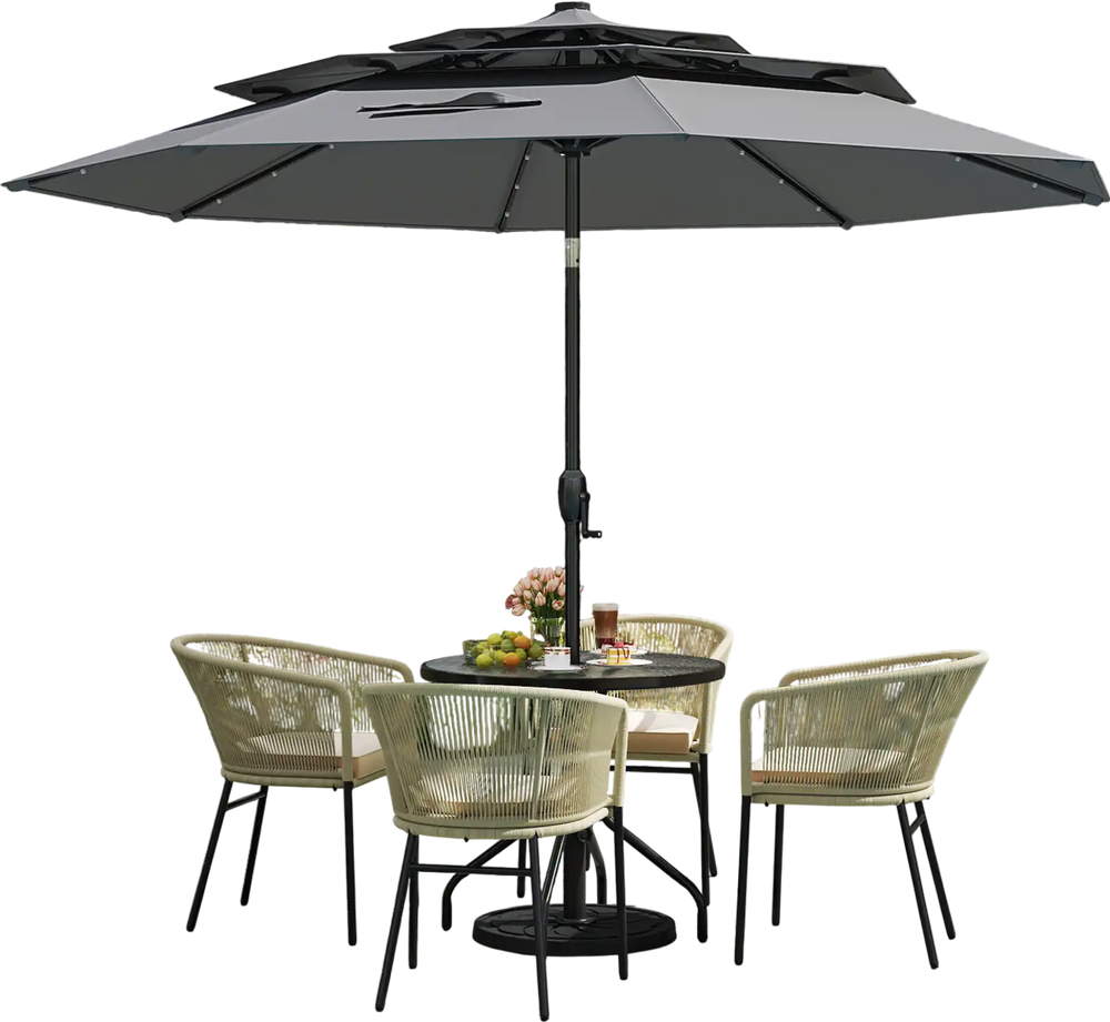 Gray 10-foot solar patio umbrella with 32 LED lights, featuring a 3-tier vented top for enhanced stability and air.