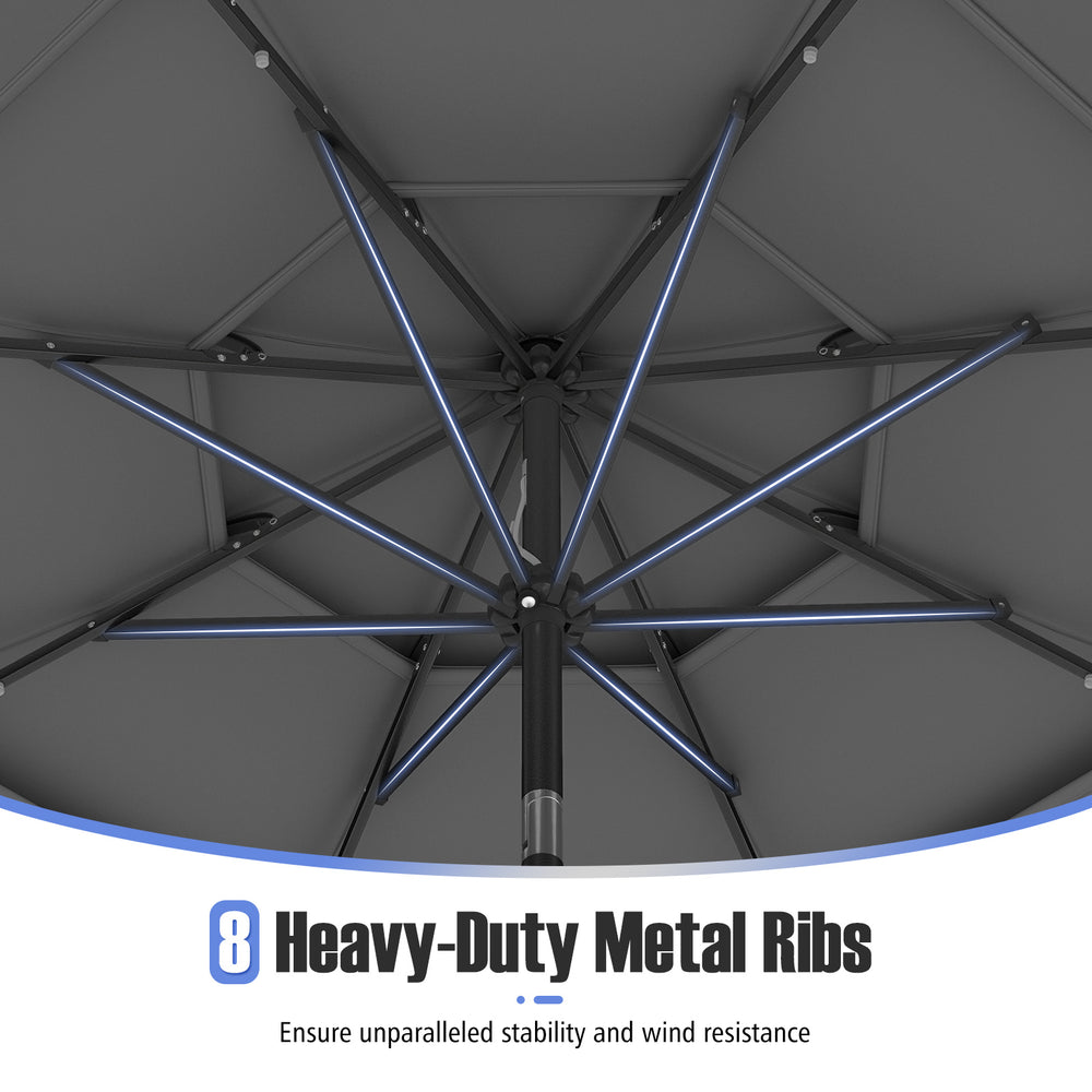 Heavy-duty metal ribs of the 10 feet solar patio umbrella provide stability and wind resistance for outdoor use.