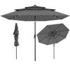 Gray 10-foot solar patio umbrella with 32 LED lights, 3-tier vented top, and easy tilt for customized shade.