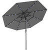 Gray 10-foot solar patio umbrella with 32 LED lights, 3-tier vented top for air circulation and stability.