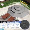 10-foot gray solar patio umbrella with 32 LED lights, 3-tier vented top, and durable polyester canopy for sun.
