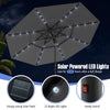 Gray 10-foot solar patio umbrella with 32 LED lights, 3-tier vented top for air circulation and easy operation.