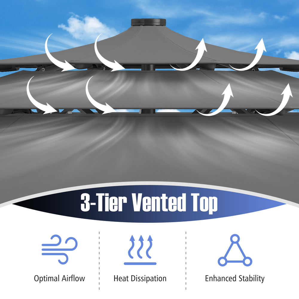 3-tier vented top of a 10 feet gray solar patio umbrella, enhancing airflow and stability for outdoor use.