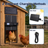 Solar powered automatic chicken coop door with anti-pinch function and dual charging methods: solar panel and USB cable.
