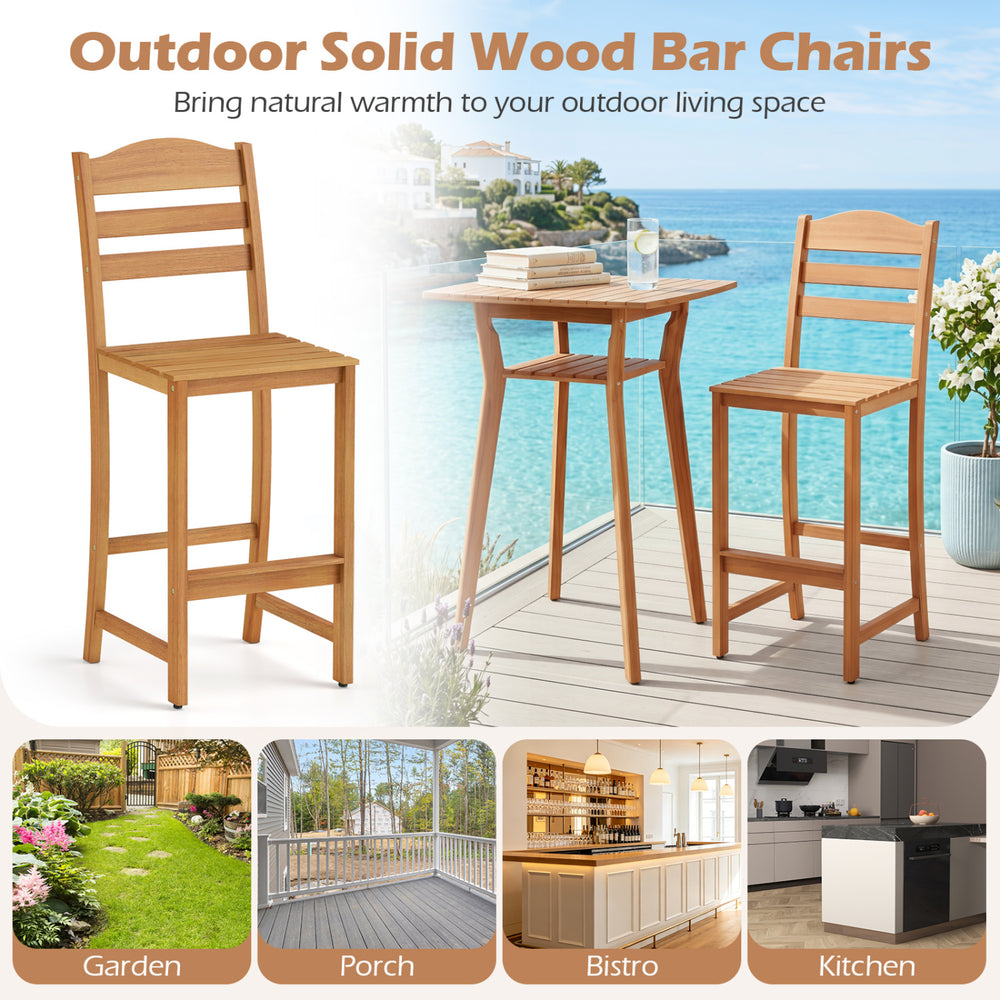 Solid acacia wood bar stools with slatted design, built-in footrest, perfect for outdoor patios and decks.