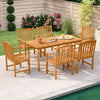 Solid acacia wood patio dining table surrounded by eight matching chairs, perfect for outdoor gatherings and dining.