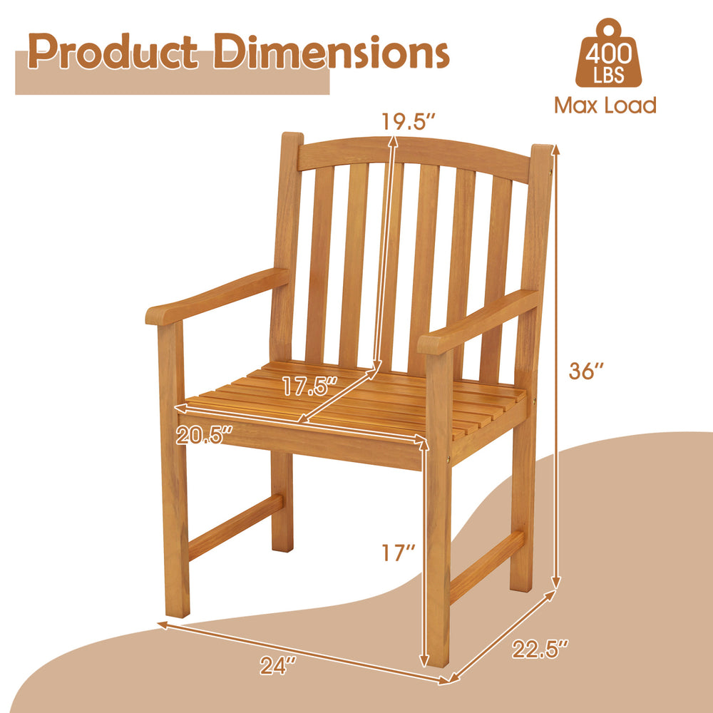 Solid acacia wood patio chair with slatted seat, inclined backrest, and armrests, ideal for porch or garden use.