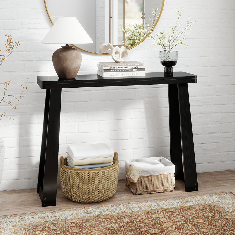 Solid Rubber Wood Console Table 43inch Narrow Entryway Table with Thick Tabletop and Stable Base-Black - Gallery View 1 of 10