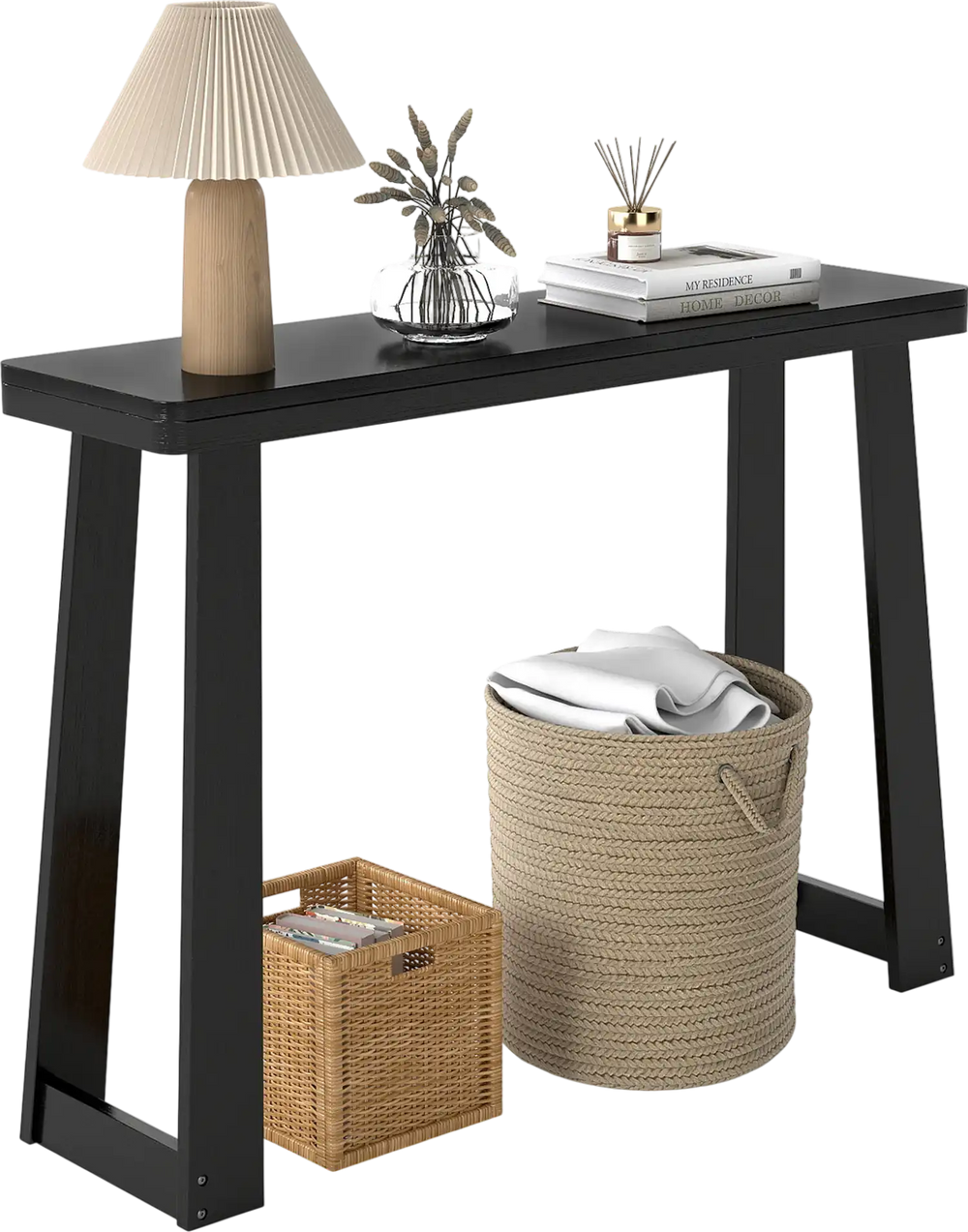Solid rubber wood console table in black, featuring a 43" x 12" tabletop, perfect for entryway or hallway storage.