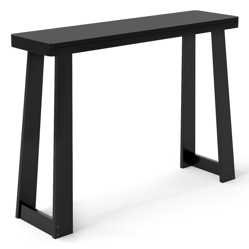 Black solid rubber wood console table with a 43" x 12" thick tabletop, perfect for entryways and hallways.