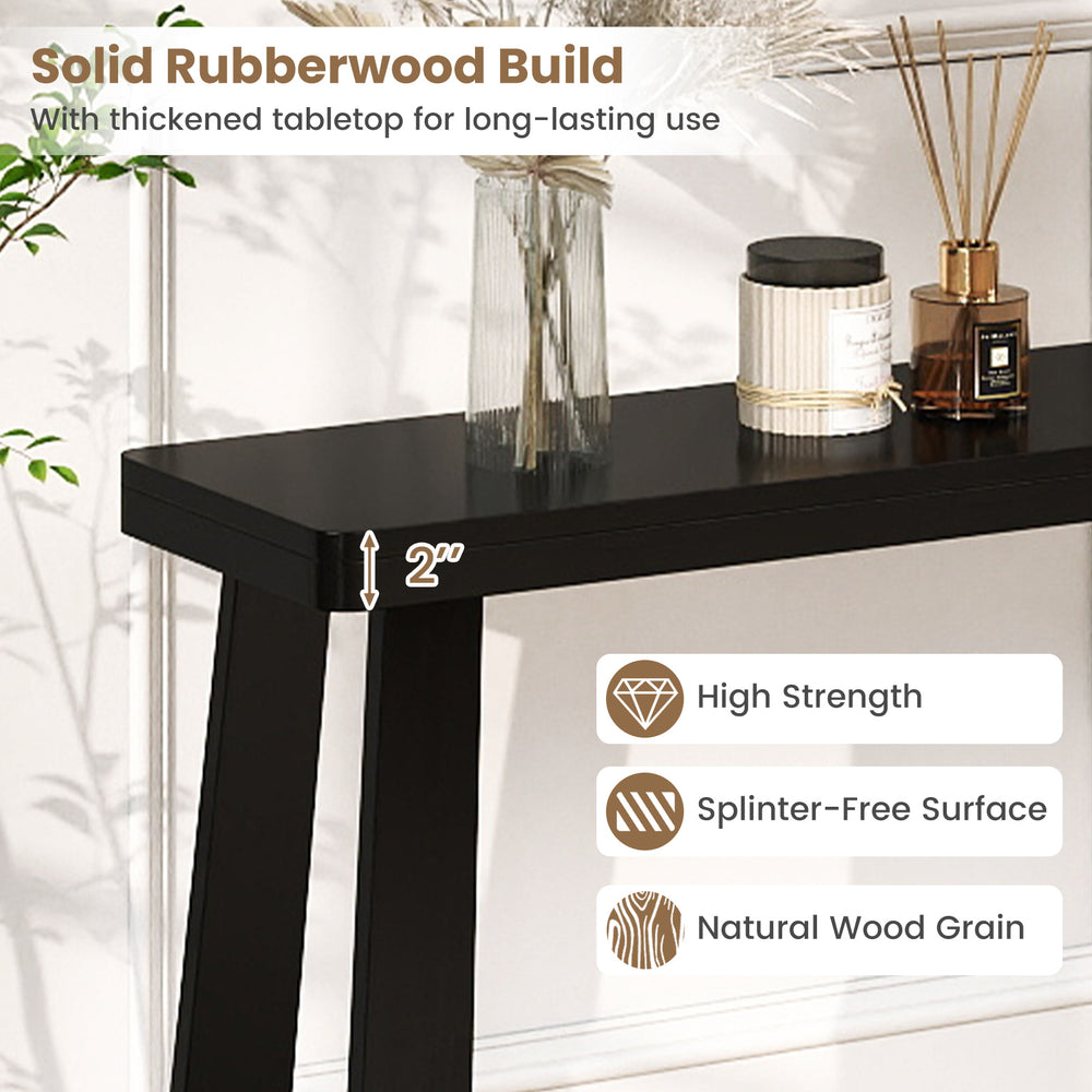 Solid rubber wood console table with a 2" thick tabletop, featuring a sleek black design for entryway or hallway use.