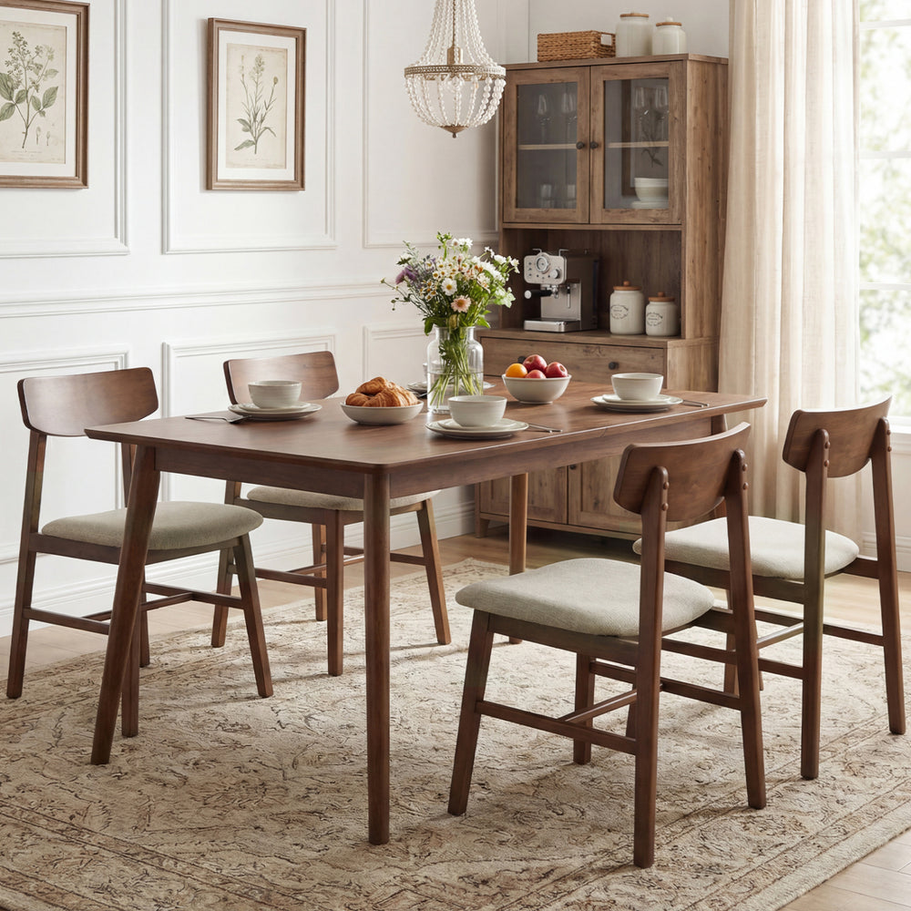 Set of 4 walnut dining chairs with curved backrest, breathable linen upholstery, and solid rubberwood frame for.