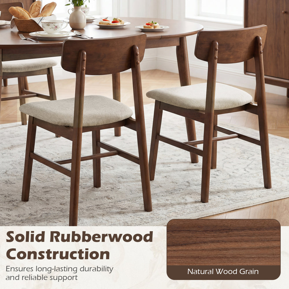 Set of two Solid Rubberwood Dining Chairs with curved backrest, walnut finish, and breathable linen upholstery for.