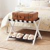 Folding luggage rack with solid rubberwood frame and nylon shelves, ideal for organizing shoes and travel accessories.