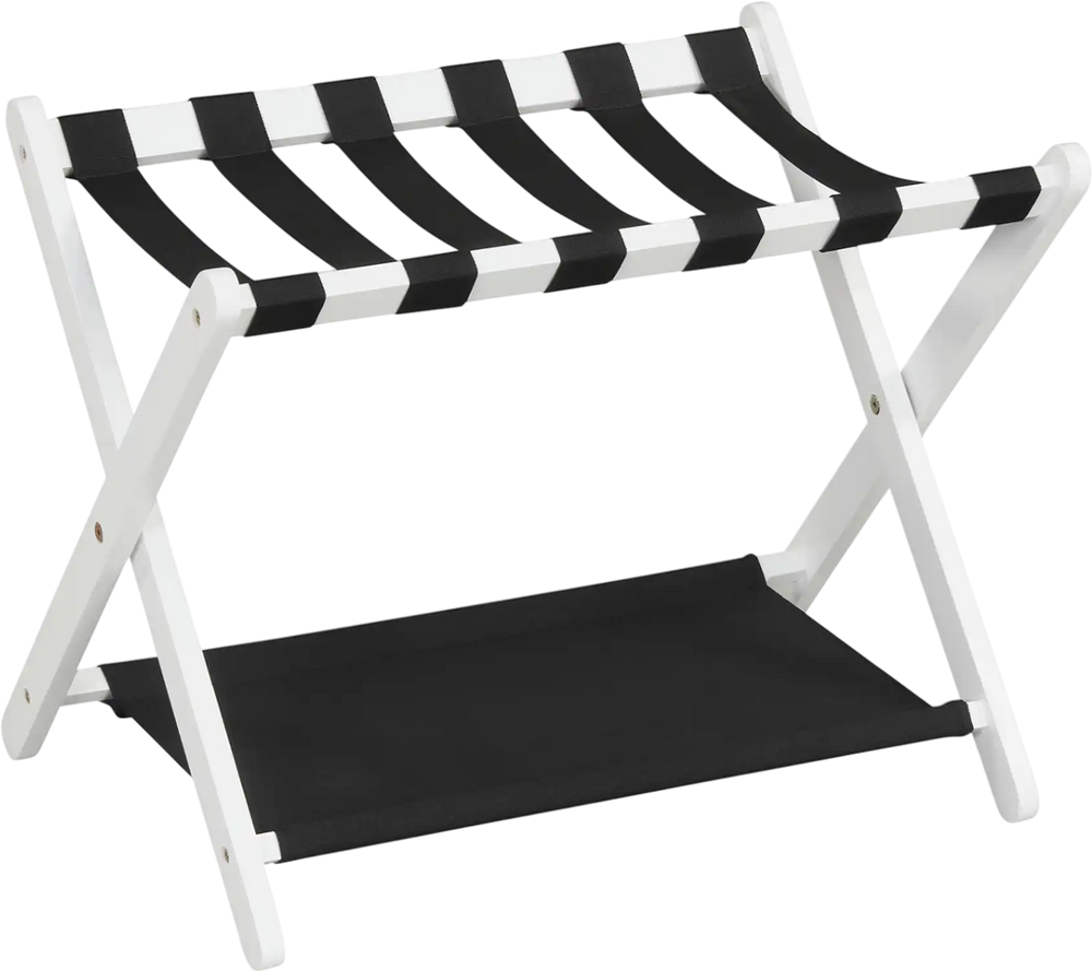 Folding luggage rack in white rubberwood with nylon shelves, ideal for organizing bags and travel accessories.