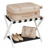 Folding luggage rack with solid rubberwood frame and nylon shelves, ideal for organizing shoes and bags.