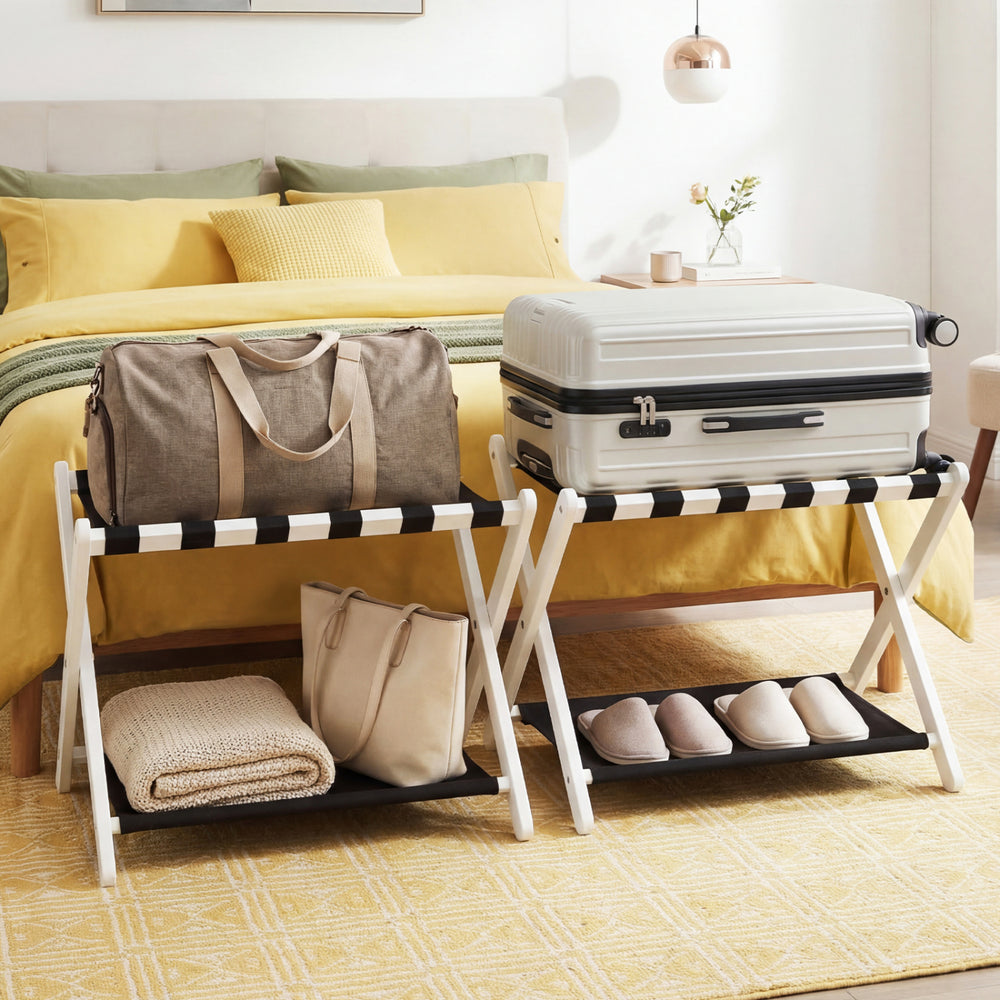 Solid Rubberwood Folding Luggage Rack with Nylon Shelves Set of 2-White - Gallery View 1 of 8