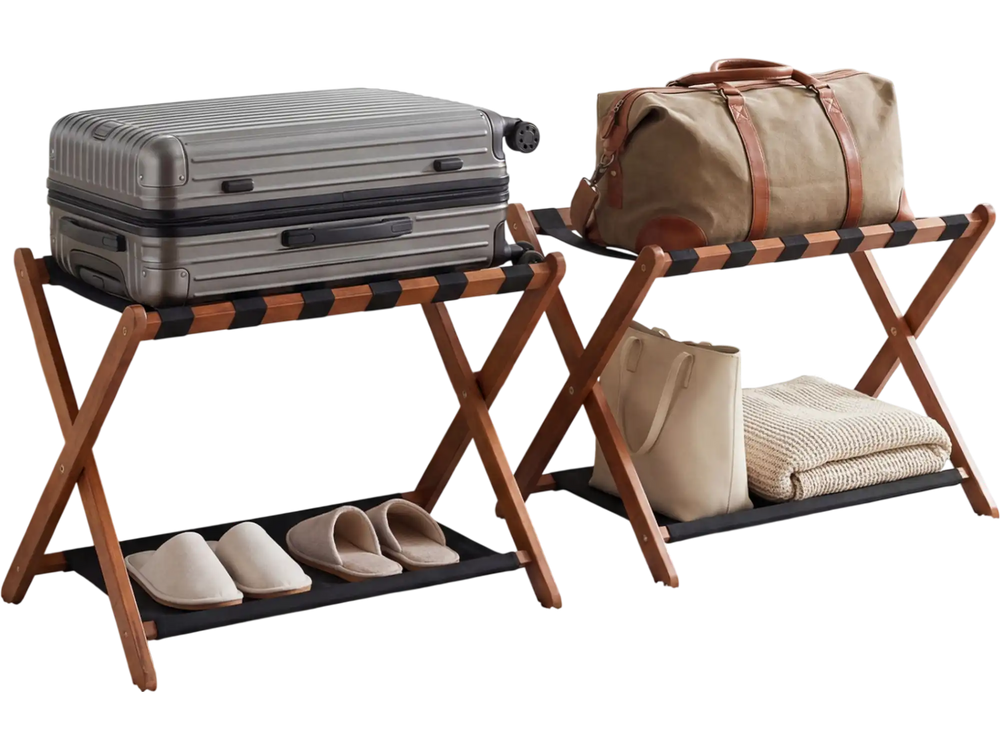 Solid rubberwood folding luggage rack set of 2 with nylon shelves, ideal for organizing bags and shoes in a bedroom.