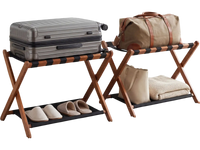 Solid rubberwood folding luggage rack set of 2 with nylon shelves, ideal for organizing bags and shoes in a bedroom.