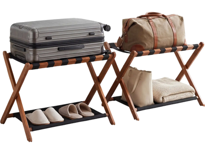 Costway Solid Rubberwood Folding Luggage Rack Set of 2 Brown 27840058 New