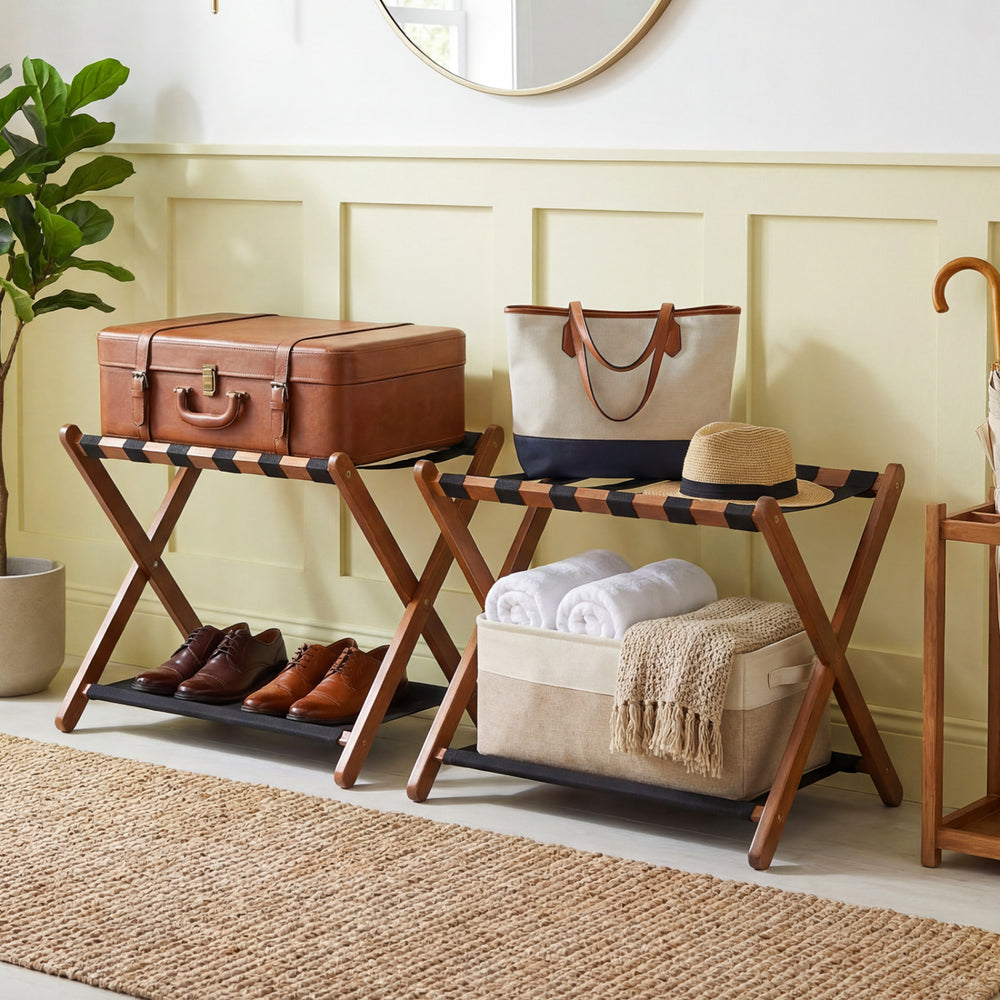Solid rubberwood folding luggage rack set of 2 with nylon shelves, ideal for organizing shoes and travel accessories.