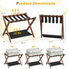 Solid rubberwood folding luggage rack set of 2 in brown, featuring nylon shelves for organized storage and easy packing.