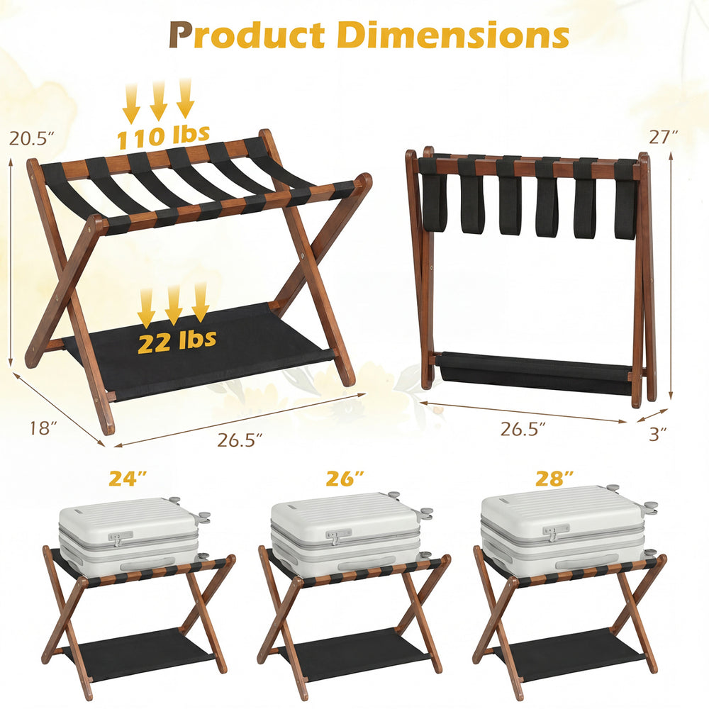 Solid rubberwood folding luggage rack set of 2 in brown, featuring nylon shelves for organized storage and easy packing.