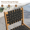 Solid teak outdoor dining chair with woven strap design, offering flex support and ergonomic comfort for garden use.